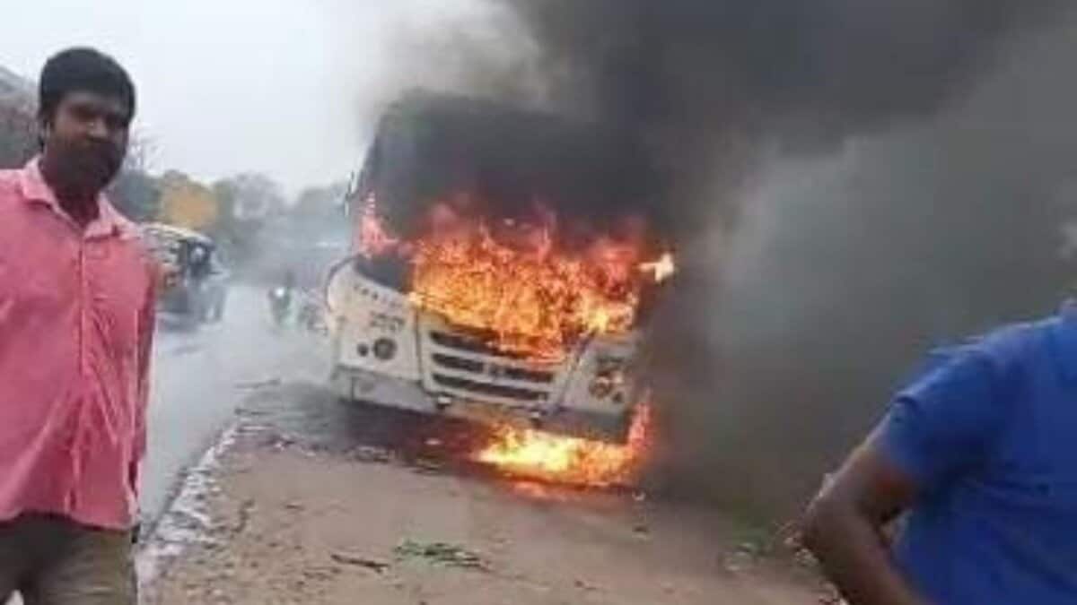A bus catches fire in Medchal
