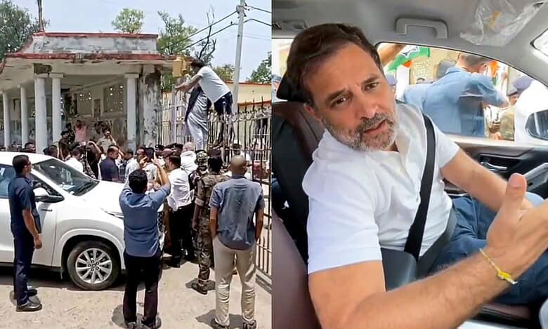 The picture displays two photos - on the left is a white car being stopped by a group of people and on the right is Congress leader Rahul Gandhi