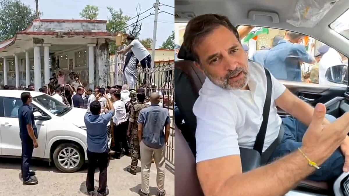 The picture displays two photos - on the left is a white car being stopped by a group of people and on the right is Congress leader Rahul Gandhi