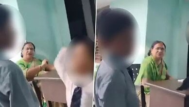 The image displays two pictures. A women in green saree looks at a child with his face blurred