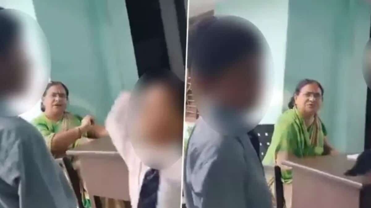 The image displays two pictures. A women in green saree looks at a child with his face blurred
