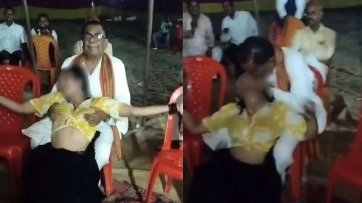 The image shows two pictures where a woman in yellow blouse and black skirt is seen sitting on the lap of an old man who is a BJP leader from UP