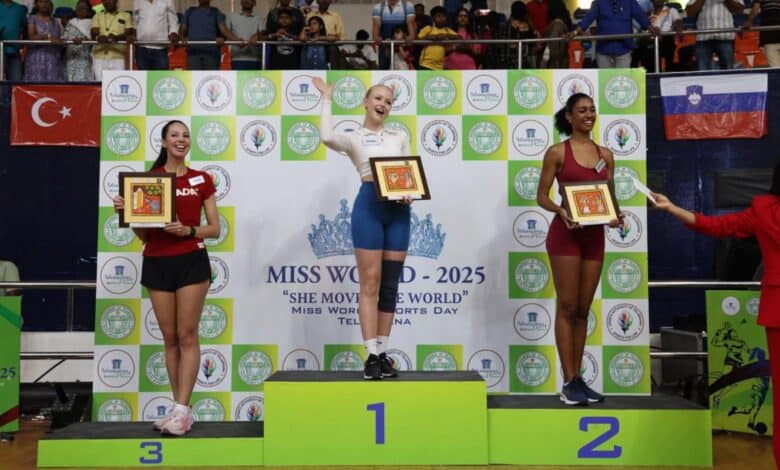The image displays a picture of Miss World contestants participating in sports activity in Hyderabad