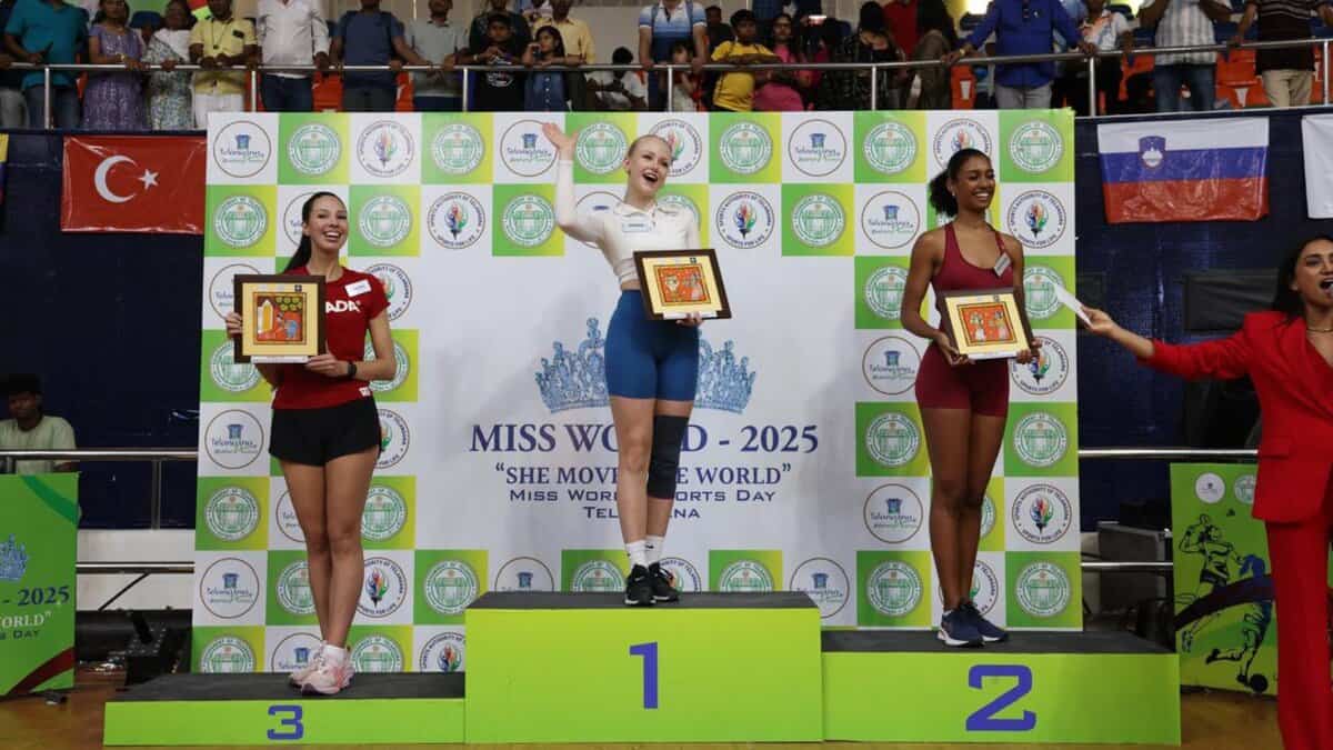 The image displays a picture of Miss World contestants participating in sports activity in Hyderabad