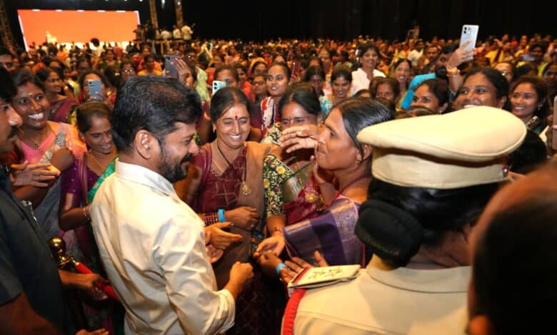 The image displays a picture of Telangana CM interacting with women from self help groups (SHG)