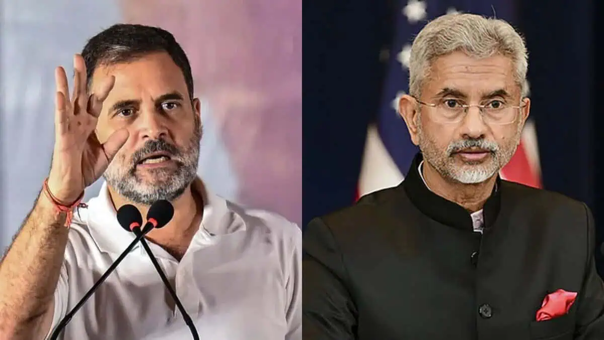The image displays two pictures. On the left is Congress leader Rahul Gandhi and on the right is External Affairs minister S Jaishankar