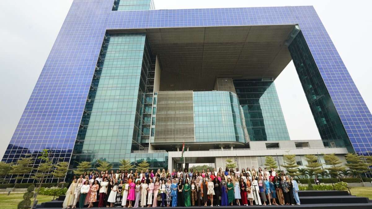 Miss World Contestants pose for a photograph at ICCC in Hyderabad