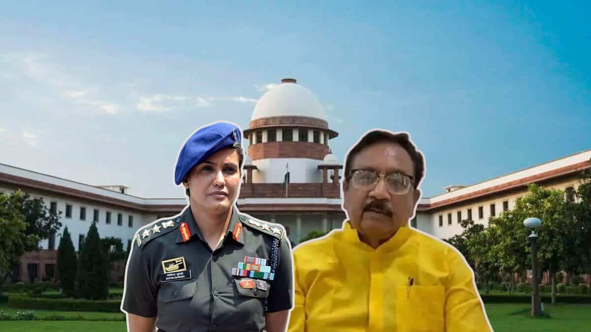 The image displays a picture of Supreme Court in the background and BJP leader Vijay Shah and Col Sofiya Qureshi in the foreground