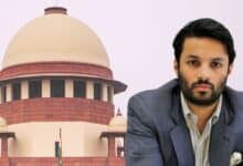 The image displays a picture of Supreme Court of India in the background and Ashoka University assistant professor Ali Khan Mahmudabad in the foreground