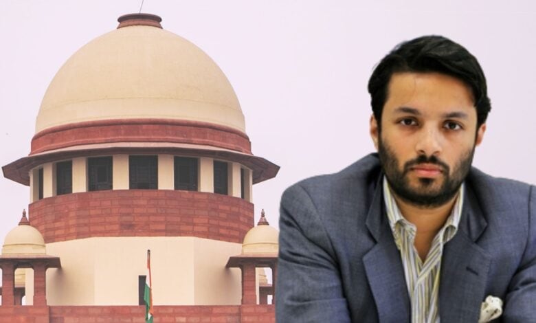 The image displays a picture of Supreme Court of India in the background and Ashoka University assistant professor Ali Khan Mahmudabad in the foreground