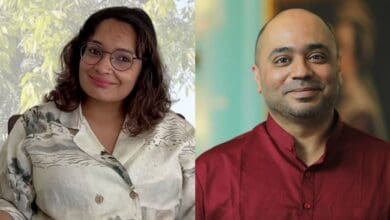 The image displays two photos- on the left is Newslaundry journalist Manisha Pandey and on the right is internet persona Abhijit Iyer Mitra