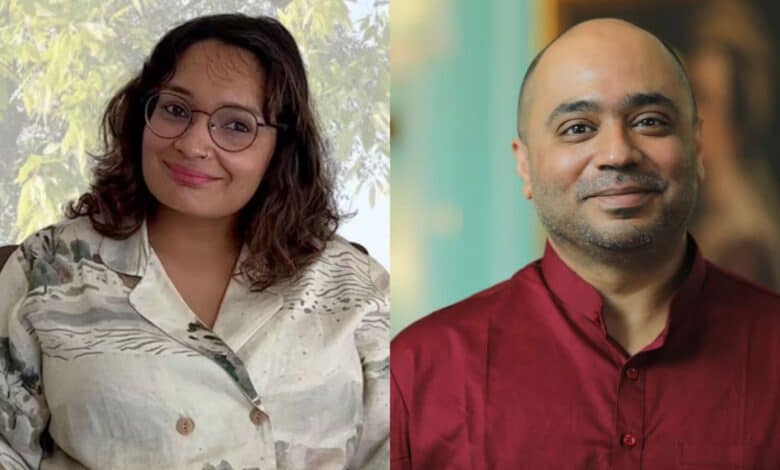 The image displays two photos- on the left is Newslaundry journalist Manisha Pandey and on the right is internet persona Abhijit Iyer Mitra
