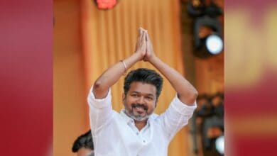 The image displays a picture of actor-politician and Tamilaga Vettri Kazhagam (TVK) president Vijay