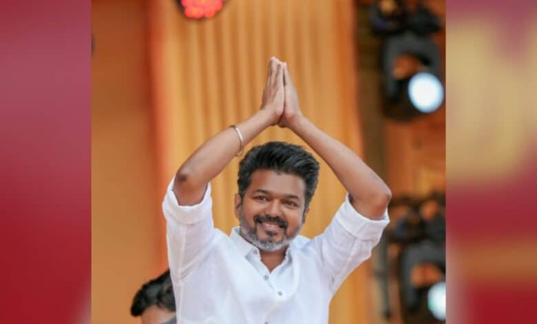 The image displays a picture of actor-politician and Tamilaga Vettri Kazhagam (TVK) president Vijay