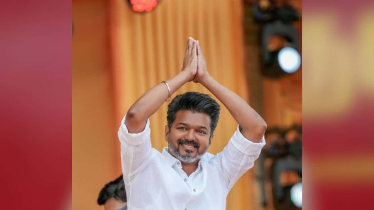 The image displays a picture of actor-politician and Tamilaga Vettri Kazhagam (TVK) president Vijay