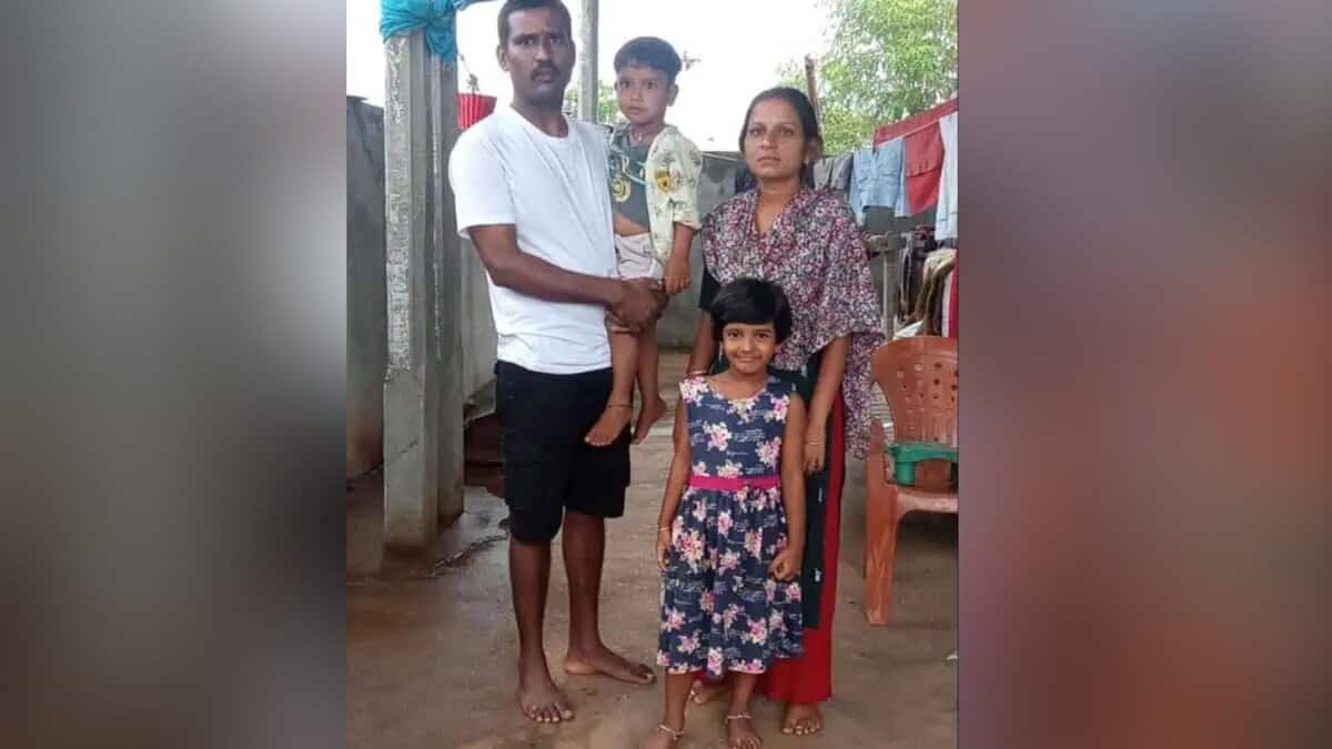 The image shows Talari Bhaskar and his family. He, along with two others from his village were rescued from a criminal case in Malaysia.