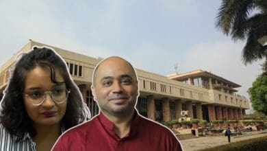 The image displays the Delhi HC in the background and Newslaundry journalist Manisha Pandey and internet persona Abhijit Iyer Mitra in the foreground
