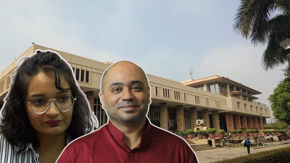 The image displays the Delhi HC in the background and Newslaundry journalist Manisha Pandey and internet persona Abhijit Iyer Mitra in the foreground