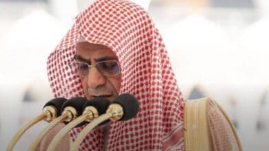 Sheikh Saleh bin Humaid leads a prayer at the Grand mosque