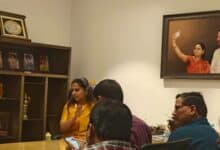 BRS MLC K Kavitha addresses the media at her residence in Hyderabad.