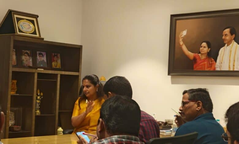 BRS MLC K Kavitha addresses the media at her residence in Hyderabad.