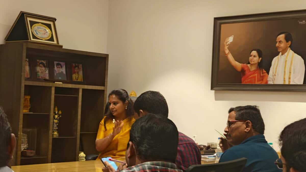 BRS MLC K Kavitha addresses the media at her residence in Hyderabad.