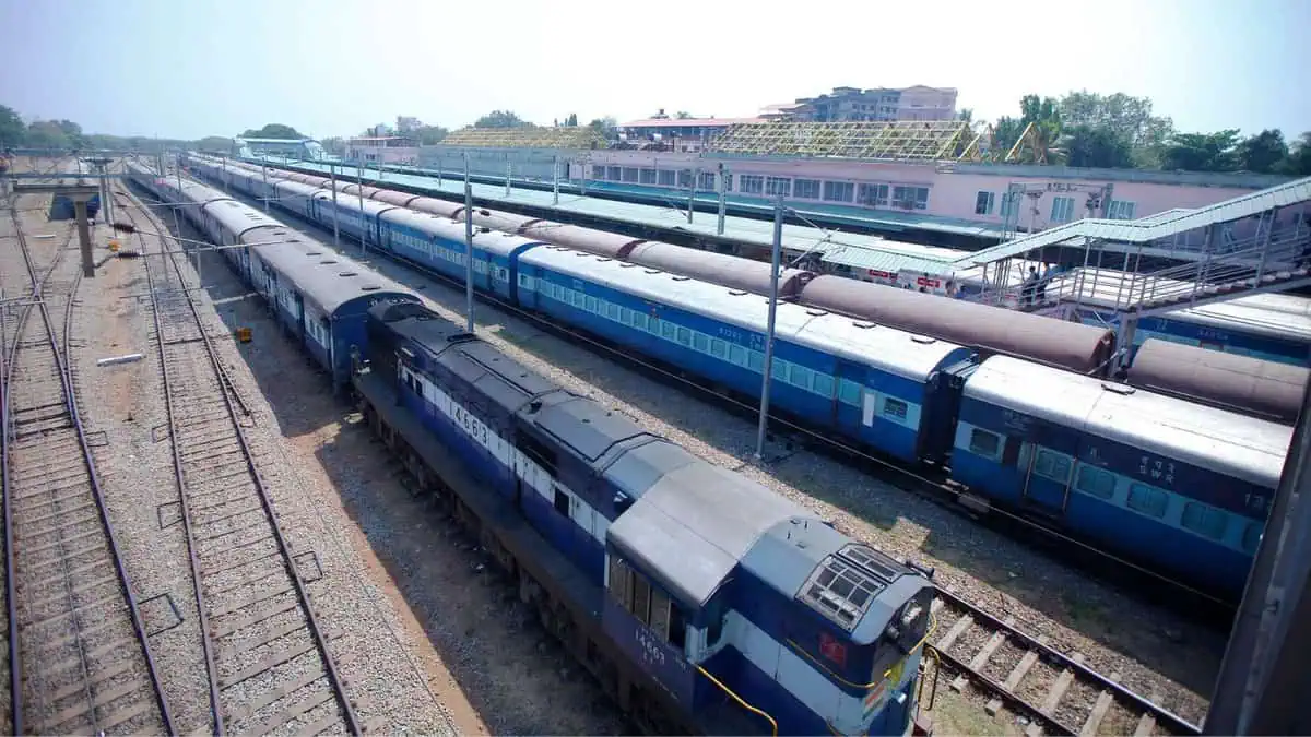 The image shows indian railways trains