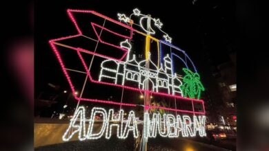 Eid Al Adha light decoration with mosque, crescent moon, and Adha Mubarak message in vibrant colours at night.