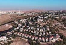 The image displays ac picture of Israeli settlements in the occupied West Bank