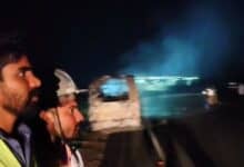 Fire fighters arrive on the Suryapet- Khammam Highway where the bus caught fire