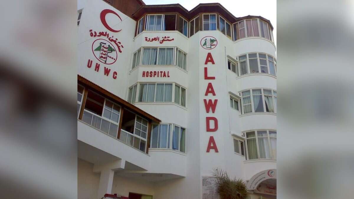 The image displays a file picture of Al-Awda Hospital of northern Gaza