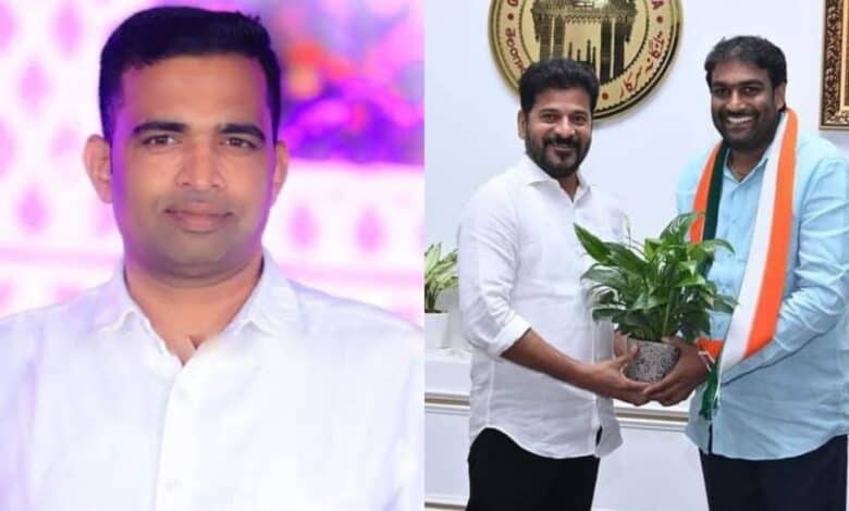 The image displays two pictures - on the left is deceased BRS leader Mohammed Sardar and on the right in Congress leader Baba Fasiuddin with Telangana CM Revanth Reddy