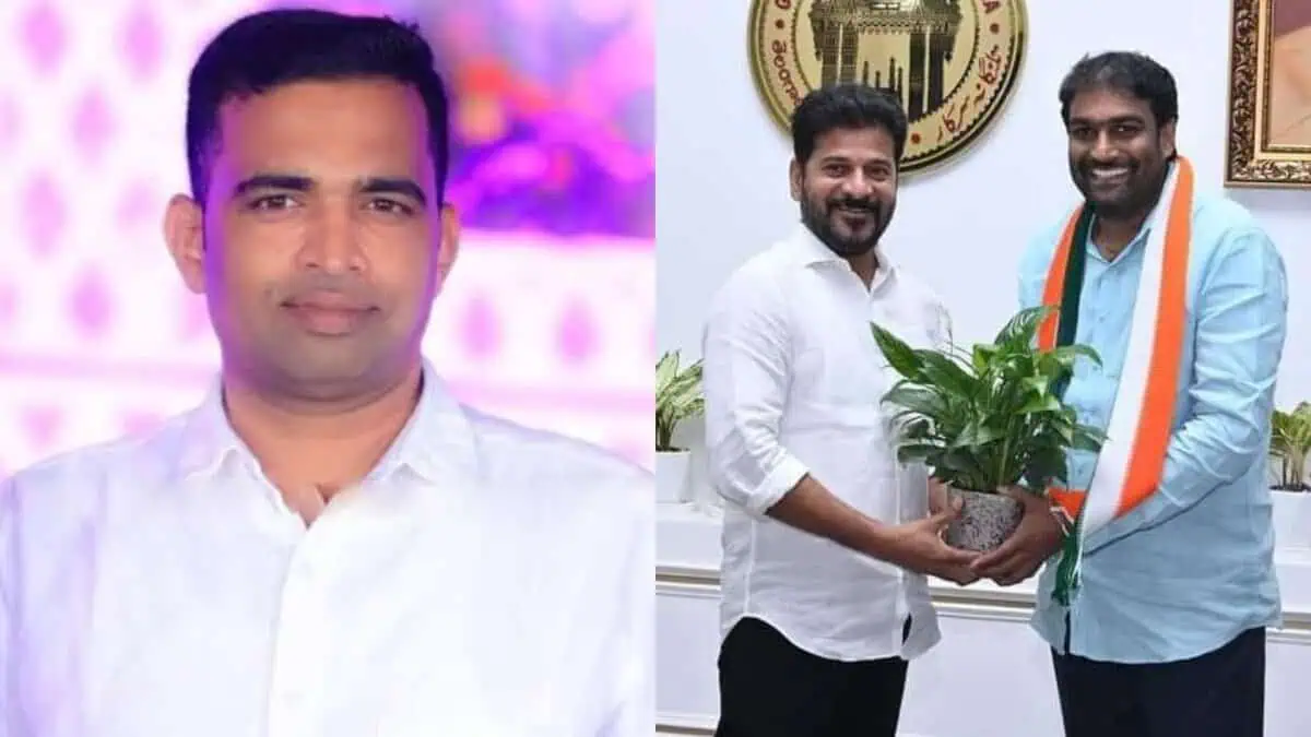 The image displays two pictures - on the left is deceased BRS leader Mohammed Sardar and on the right in Congress leader Baba Fasiuddin with Telangana CM Revanth Reddy