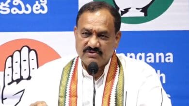 Telangana Pradesh Congress Committee President Mahesh Kumar Goud addresses a press conference