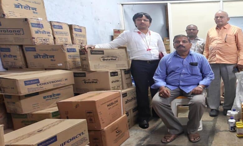 DCA officials pose with seized medicines in Warangal, Telangana