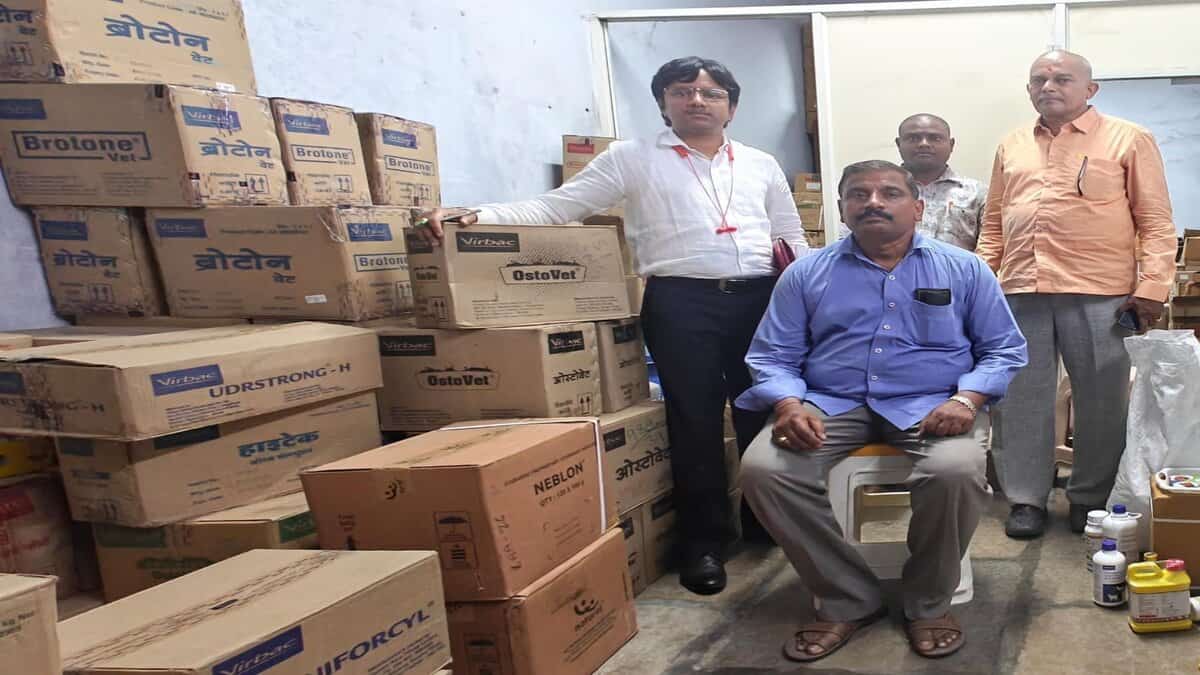DCA officials pose with seized medicines in Warangal, Telangana