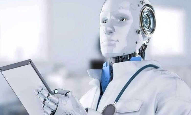 Representative image of AI doctor analysing patient data on a tablet.