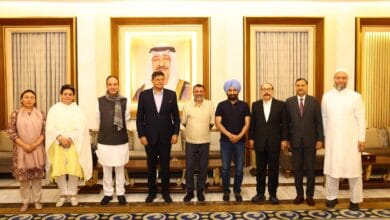 The all-party Indian delegation, including Baijayant Panda, Asaduddin Owaisi, Ghulam Nabi Azad, and others, poses for a group photo during their Kuwait visit.