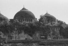 A 1990 file photo of the Babri Masjid in Ayodhya, showing the mosque’s main structure with its three domes. Image courtesy: PTI