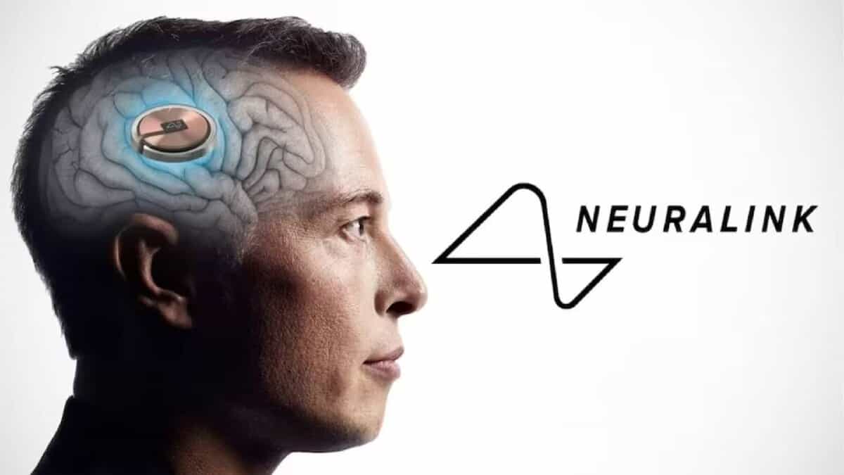 Elon Musk with a visual illustration of a Neuralink brain implant inside the human brain, alongside the Neuralink logo.