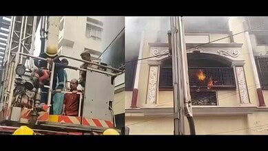 Fire breaks out in building near Gol Masjid in Hyderabad.
