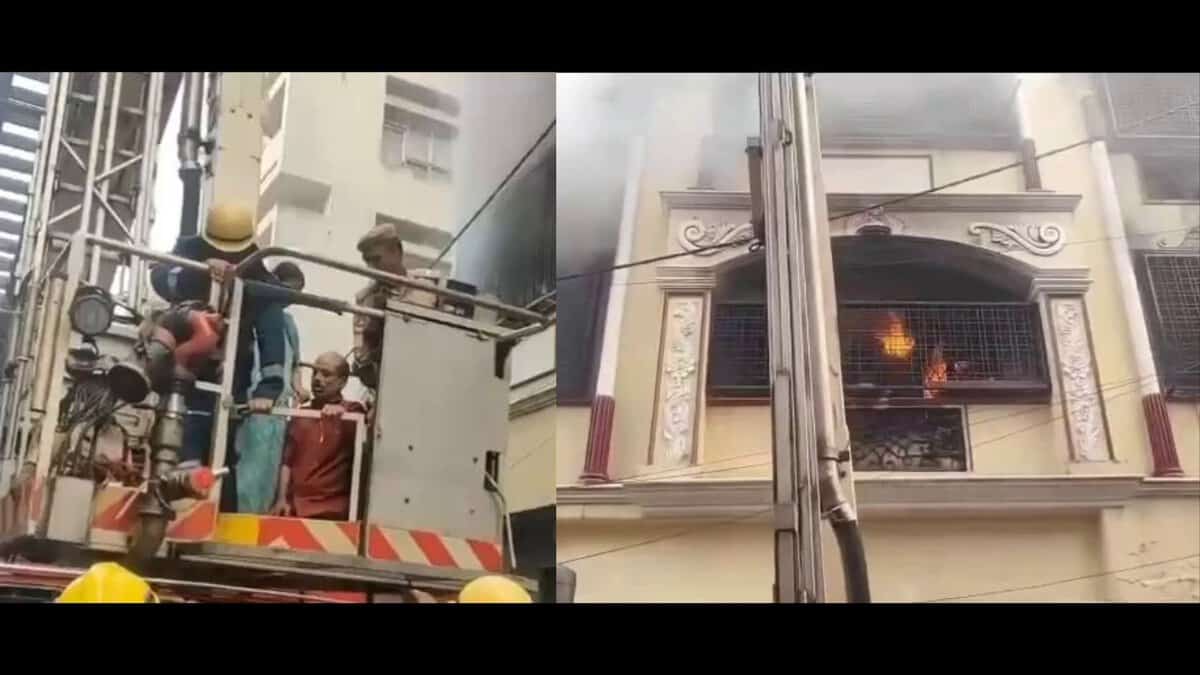 Fire breaks out in building near Gol Masjid in Hyderabad.