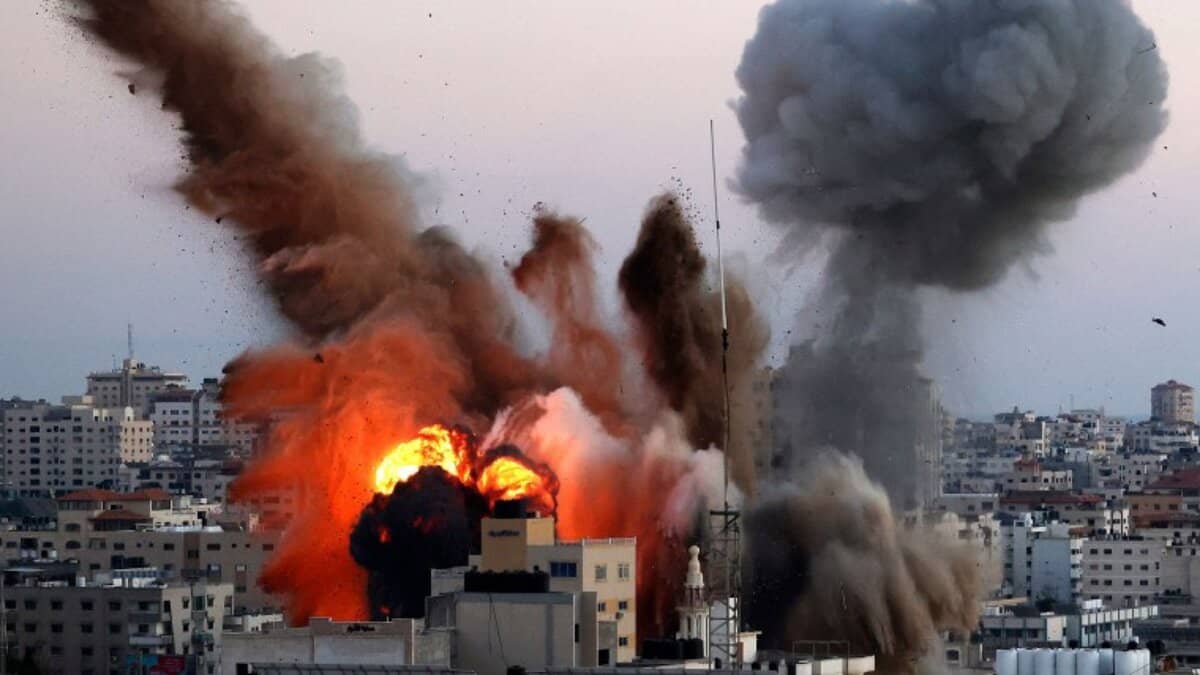 A massive explosion erupts in Gaza City as smoke and flames rise following an Israeli airstrike.