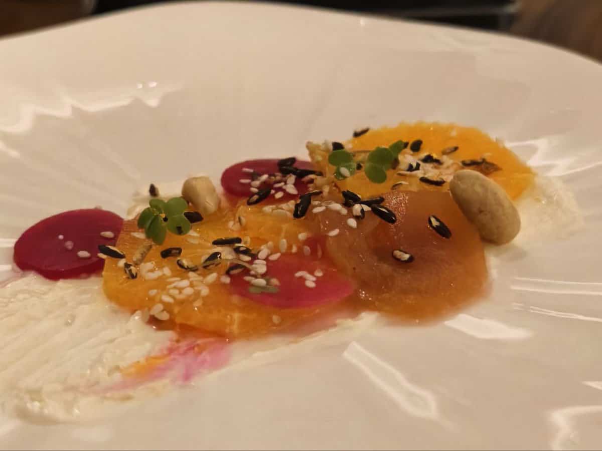 The opening dish (pineapple prawn salad) from Mamazaki's set menu by chef Farha Naaz.