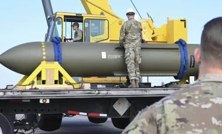 A GBU-57, or the Massive Ordnance Penetrator bomb, at Whiteman Air Base in Missouri. The US used six of these bunker-busters to target Iran's Fordow nuclear site on Sunday. File image/AP