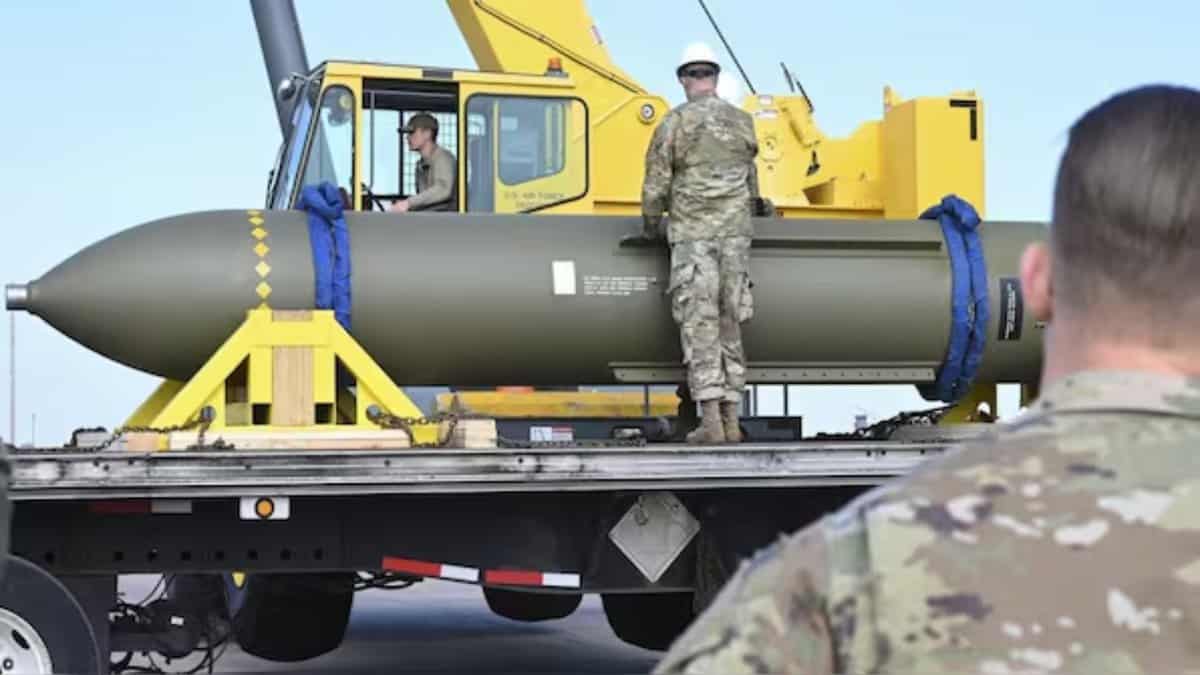 A GBU-57, or the Massive Ordnance Penetrator bomb, at Whiteman Air Base in Missouri. The US used six of these bunker-busters to target Iran's Fordow nuclear site on Sunday. File image/AP