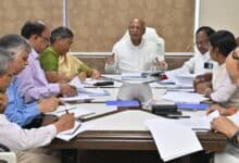 The image shows Telangana BC Commission members holding a review meeting to discuss various issues in Hyderabad on June 5, 2025.