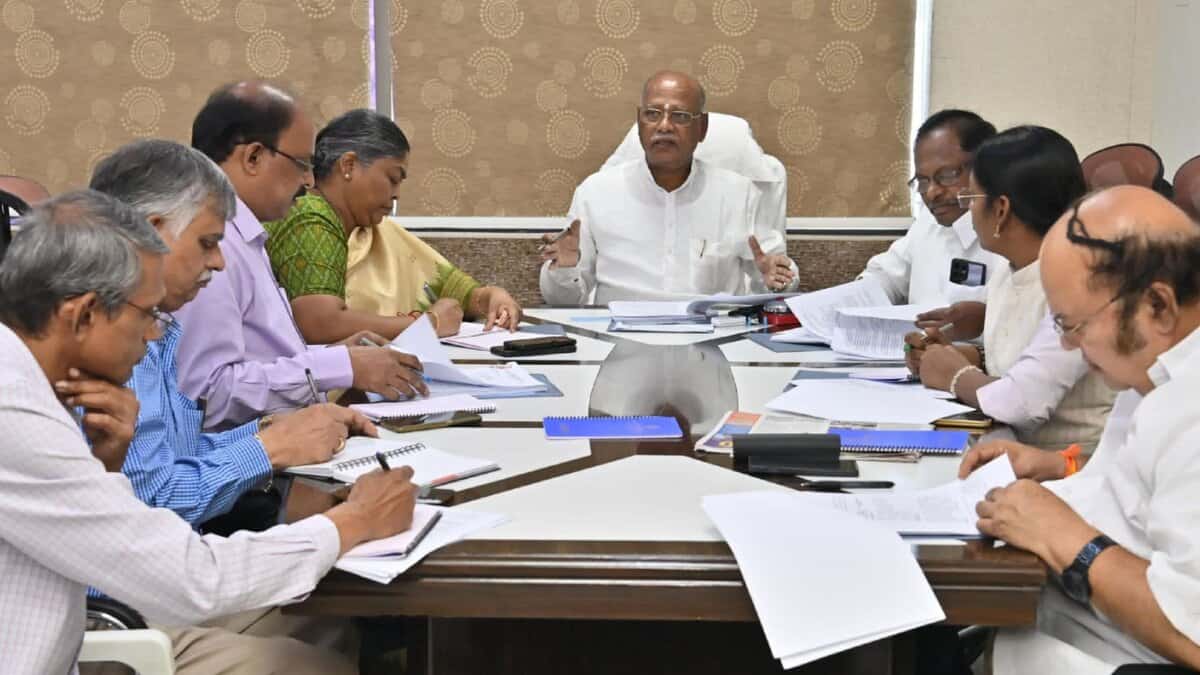 The image shows Telangana BC Commission members holding a review meeting to discuss various issues in Hyderabad on June 5, 2025.