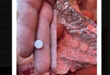 A close-up shows flour-dusted fingers holding a small round tablet marked "80", alongside another image of two similar Oxycodone pills on crumpled foil. The tablets appear coated with flour, suggesting they were found inside aid supplies.