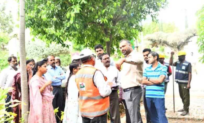 GHMC commissioner along with other officals on June 19 conducting inspection at Durgam Cheruvu park in Hyderabad